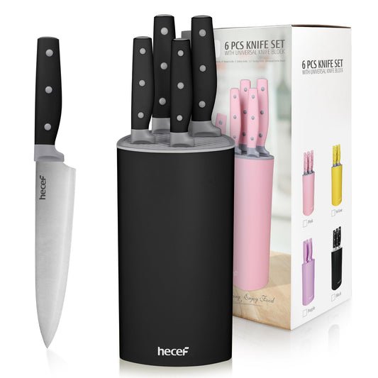 hecef Knife Set 6 Pieces Kitchen Knives with Universal Knife Block Stainless Steel Blade with Triple-rivets Handle Kitchen Knife Set with Block for Home and Kitchen Black