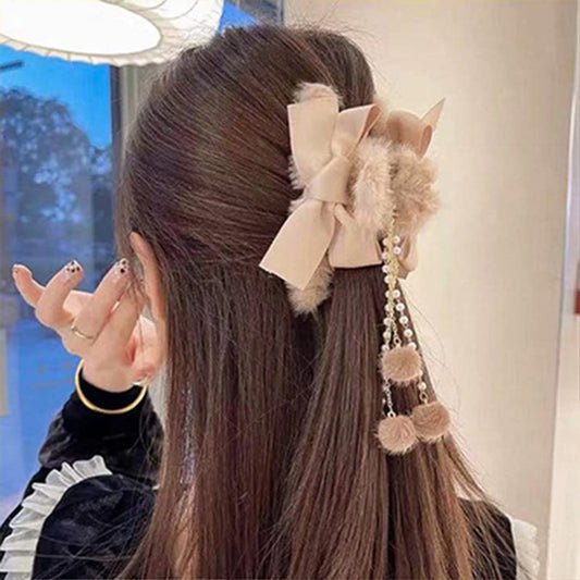 Jumwrit Furry Banana Jaw Hair Clips With Bows Pearl Tassels and Strong Hold for Women and Girls Fashion Hair Accessories (Pink)